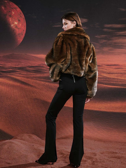 JYOSEI Vintage Brown Black Faux Fur Cropped Jacket