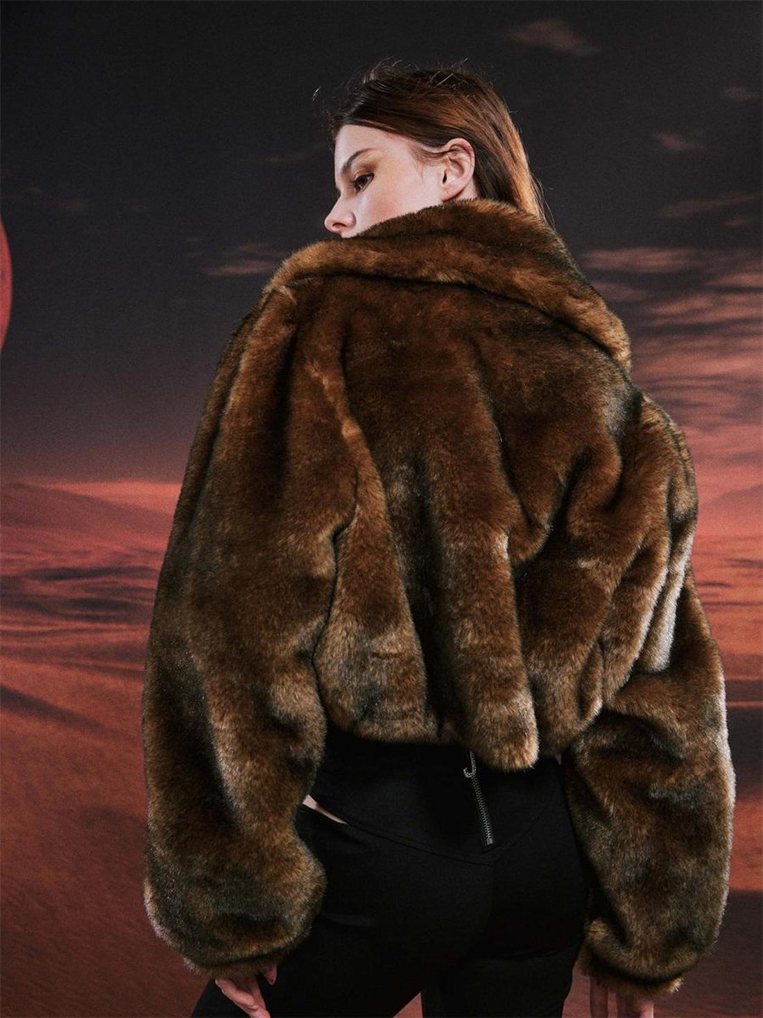 JYOSEI Vintage Brown Black Faux Fur Cropped Jacket