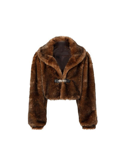 JYOSEI Vintage Brown Black Faux Fur Cropped Jacket