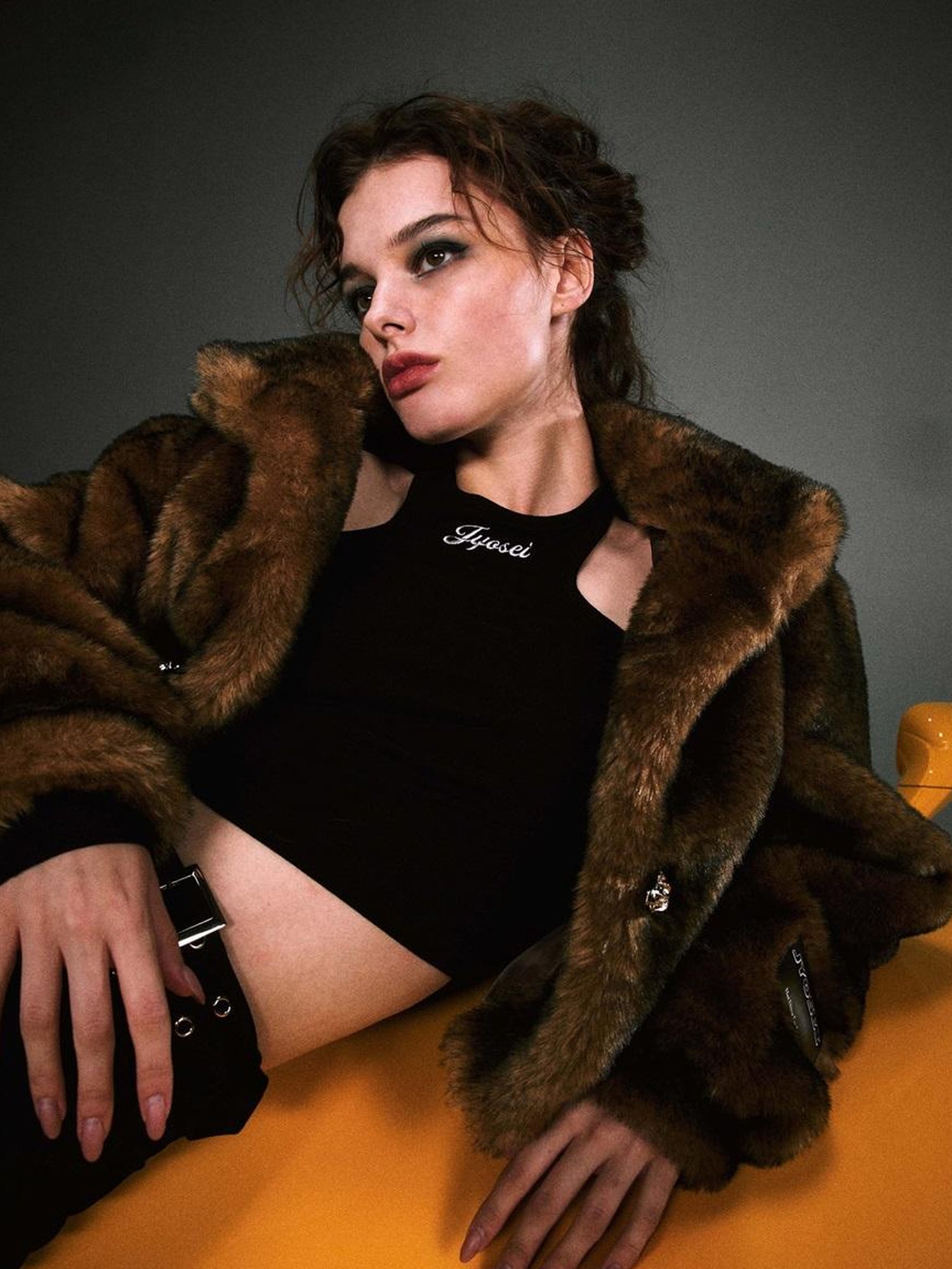 JYOSEI Vintage Brown Black Faux Fur Cropped Jacket