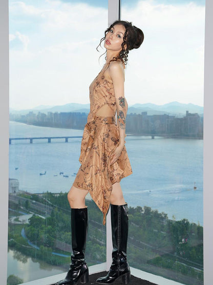 JYOSEI Vintage Brown Suede Cutout Cowgirl Dress