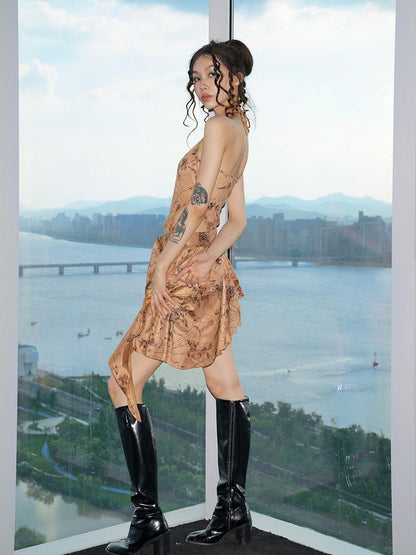 JYOSEI Vintage Brown Suede Cutout Cowgirl Dress