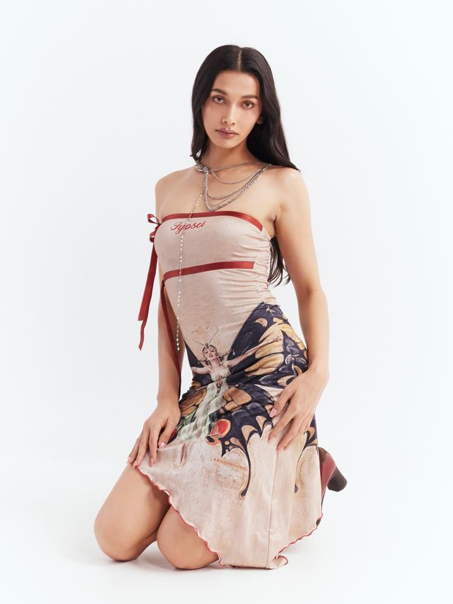 JYOSEI Vintage Butterfly Asymmetric Hem Tube Dress V Neck T Shirt Long Sleeve
