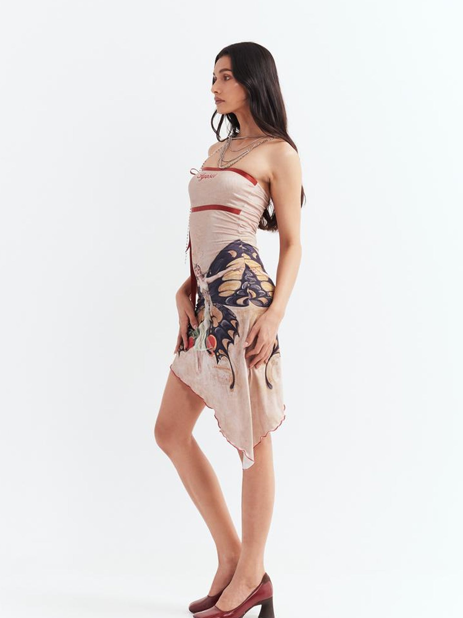 JYOSEI Vintage Butterfly Asymmetric Hem Tube Dress V Neck T Shirt Long Sleeve