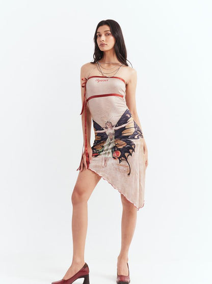 JYOSEI Vintage Butterfly Asymmetric Hem Tube Dress V Neck T Shirt Long Sleeve