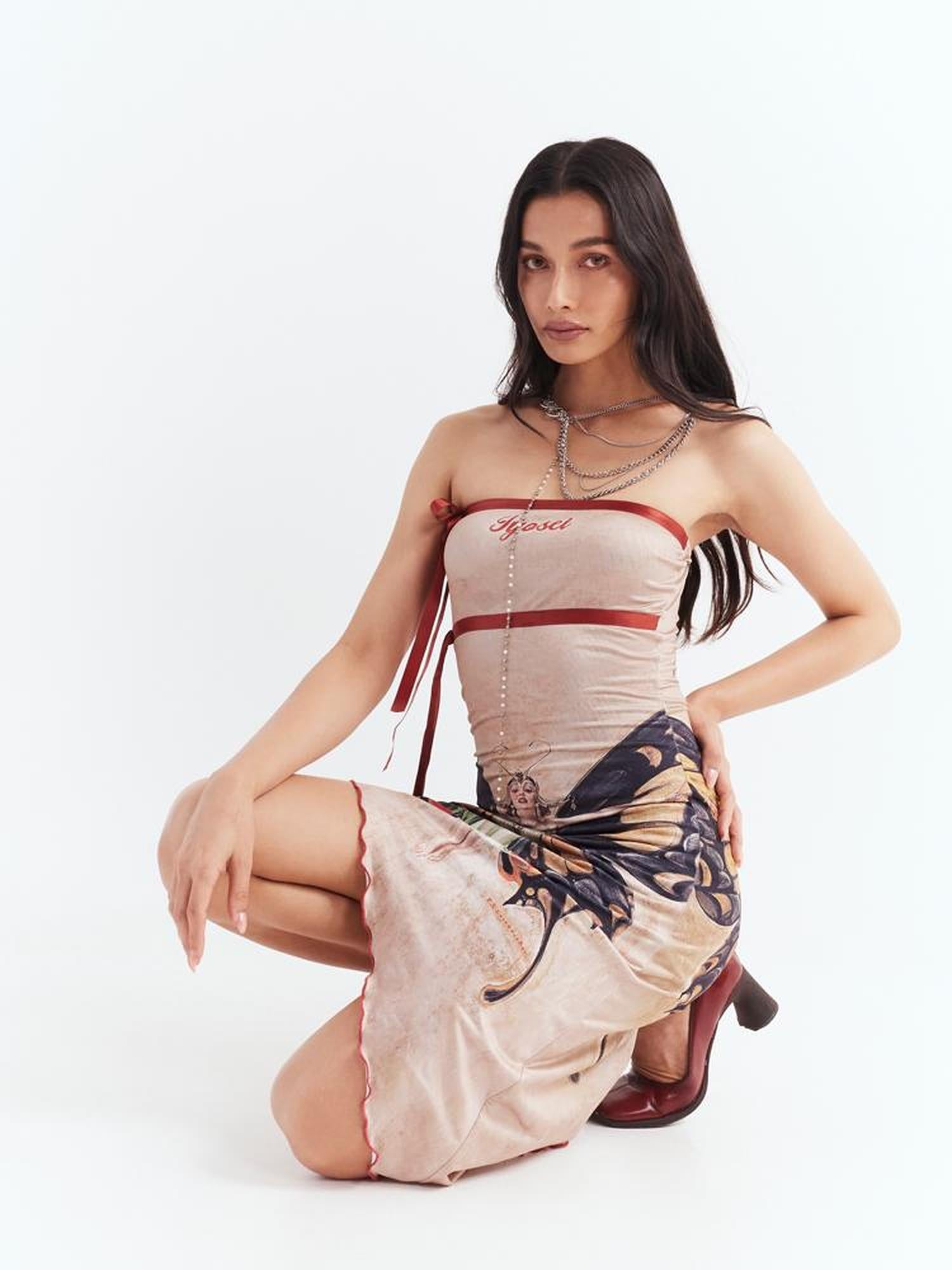 JYOSEI Vintage Butterfly Asymmetric Hem Tube Dress V Neck T Shirt Long Sleeve