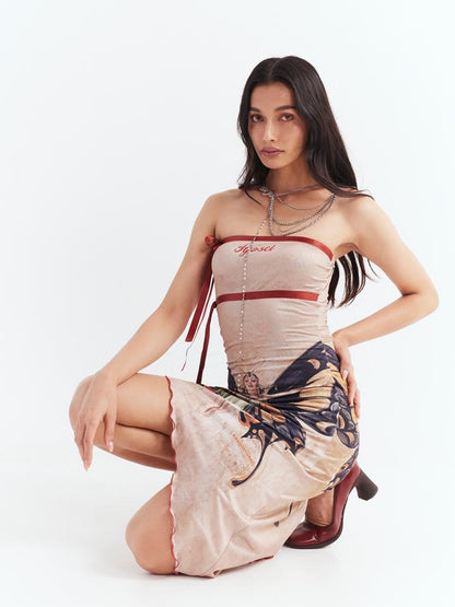 JYOSEI Vintage Butterfly Asymmetric Hem Tube Dress V Neck T Shirt Long Sleeve