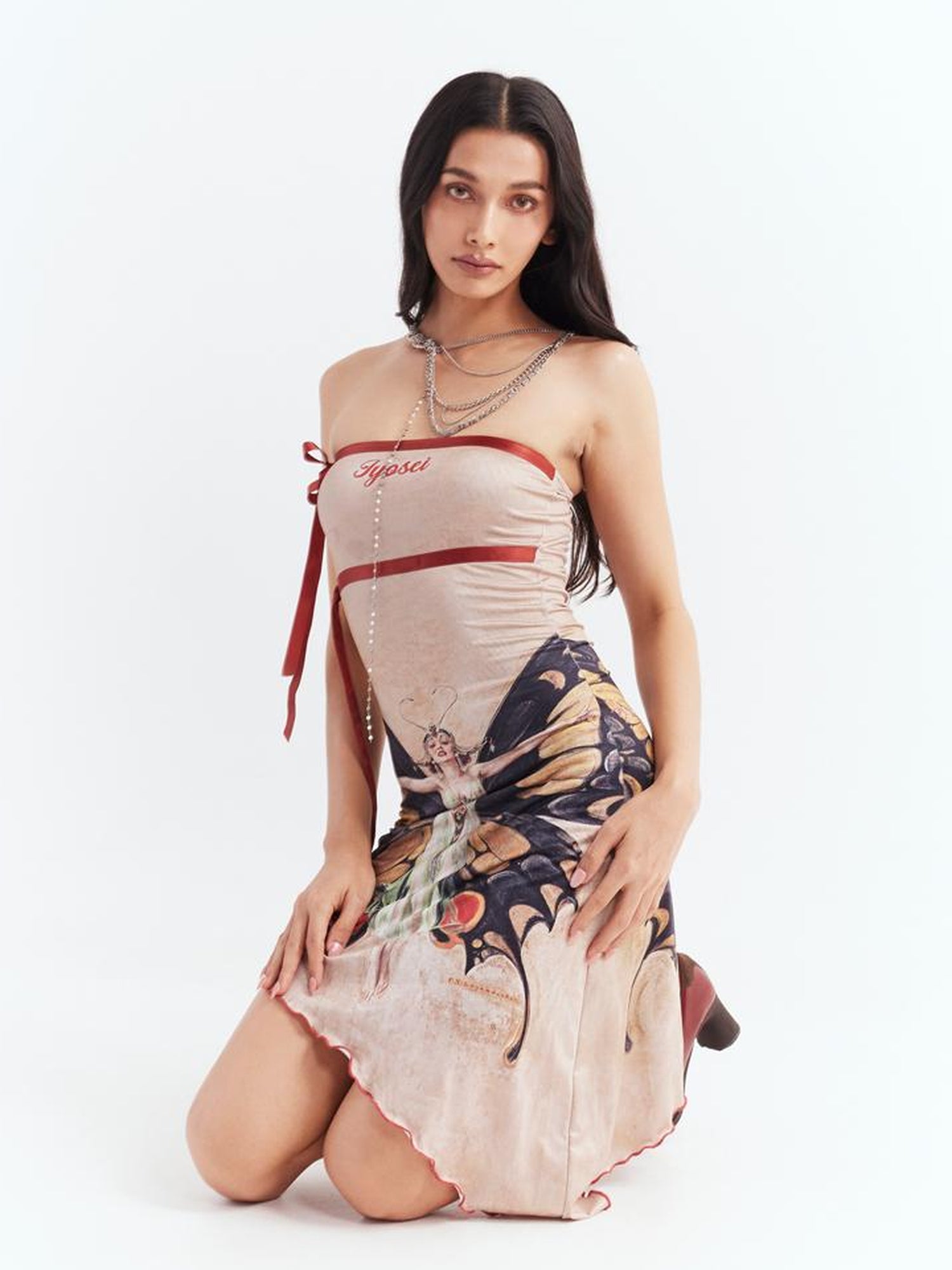 JYOSEI Vintage Butterfly Asymmetric Hem Tube Dress V Neck T Shirt Long Sleeve