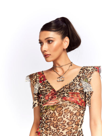 JYOSEI Vintage Floral Leopard Mesh Top