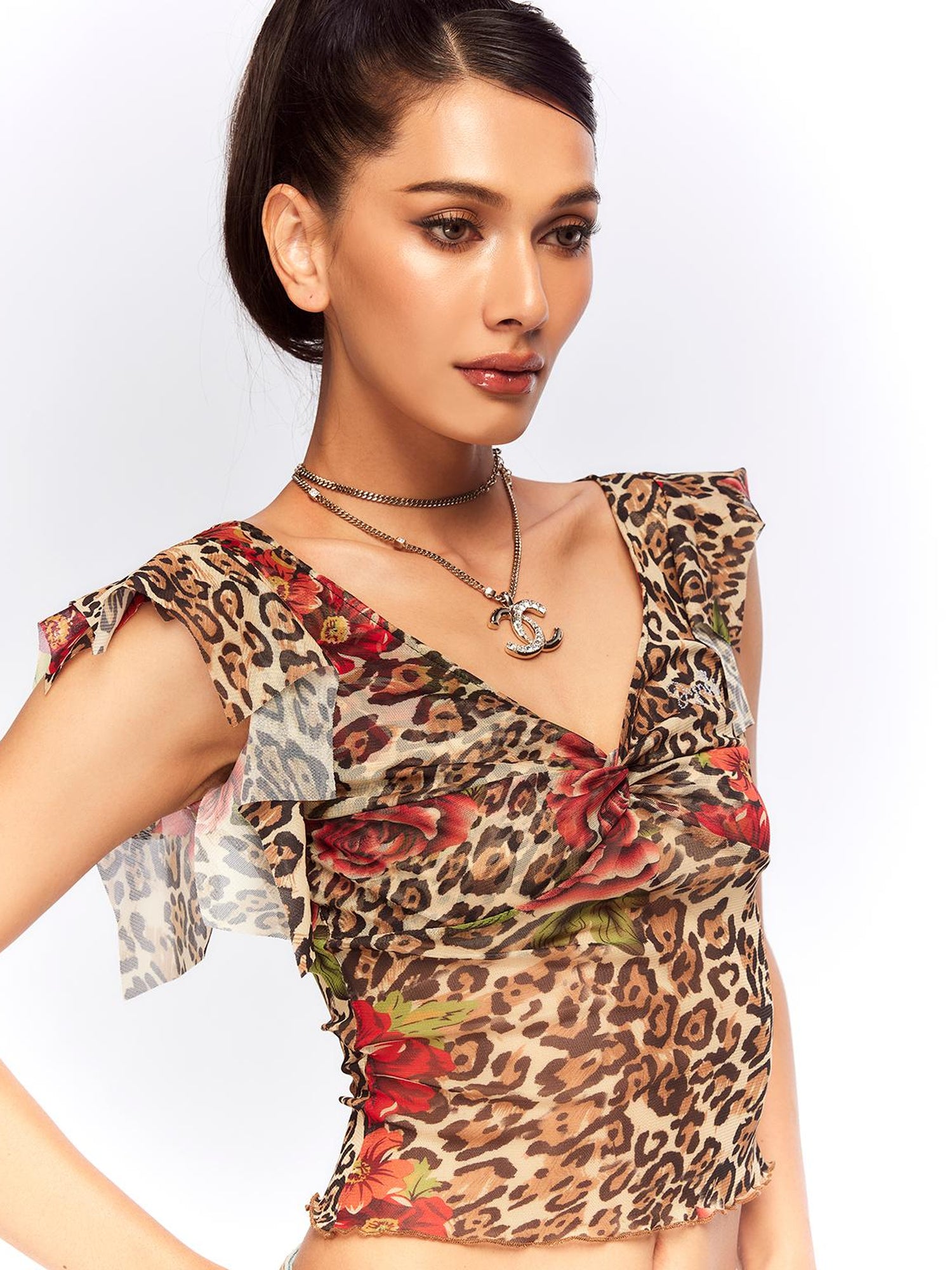 JYOSEI Vintage Floral Leopard Mesh Top