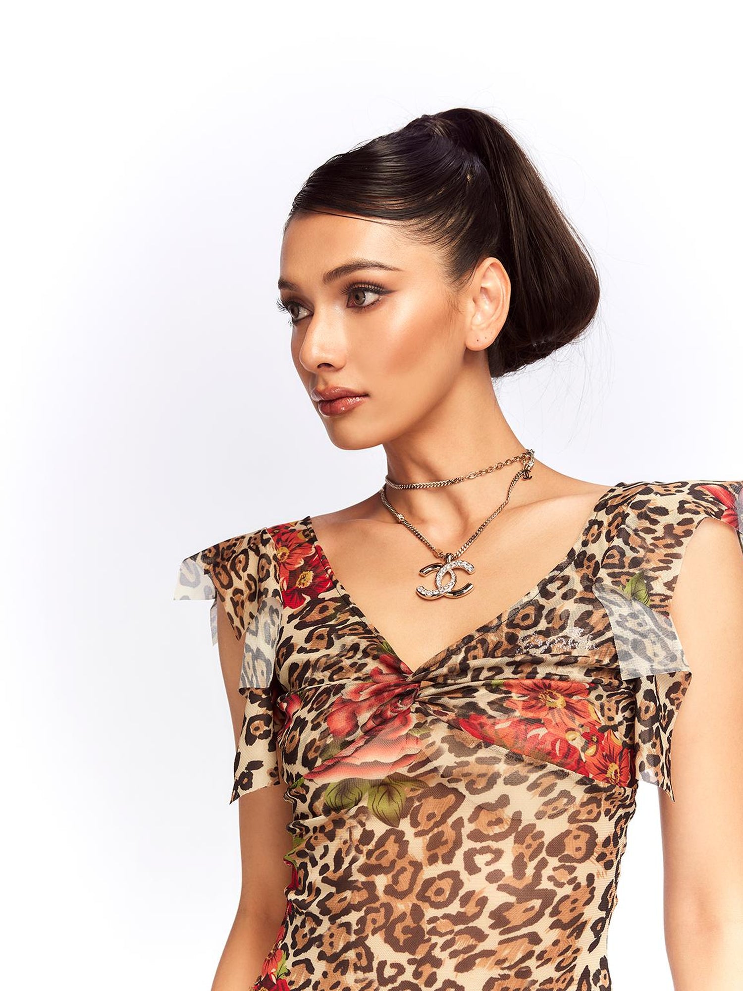 JYOSEI Vintage Floral Leopard Mesh Top