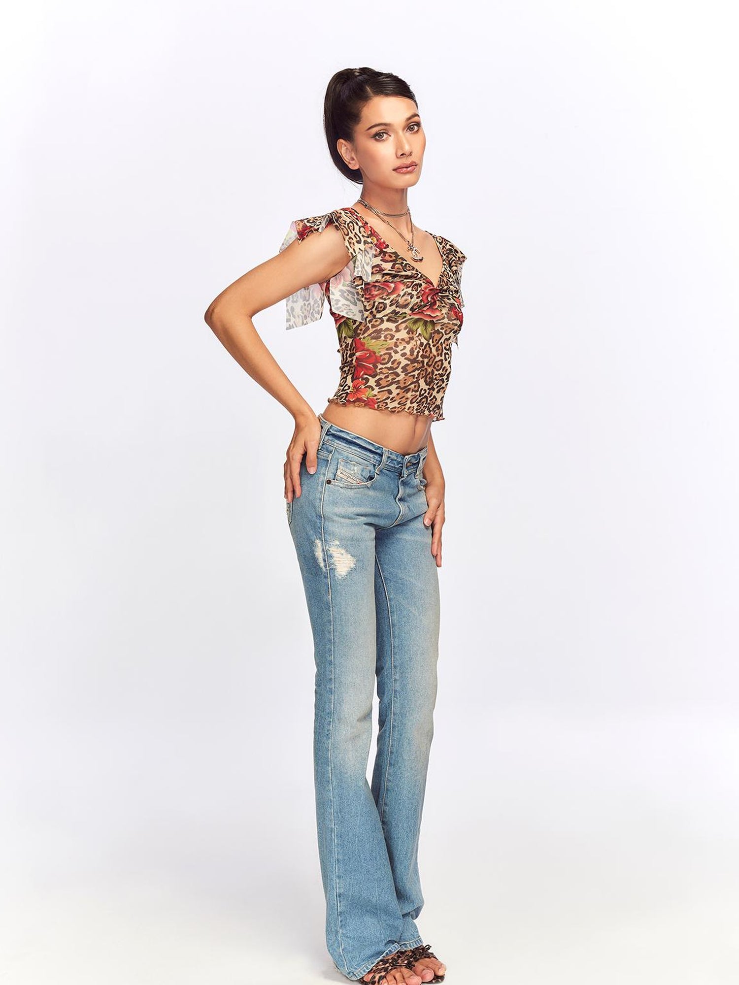 JYOSEI Vintage Floral Leopard Mesh Top