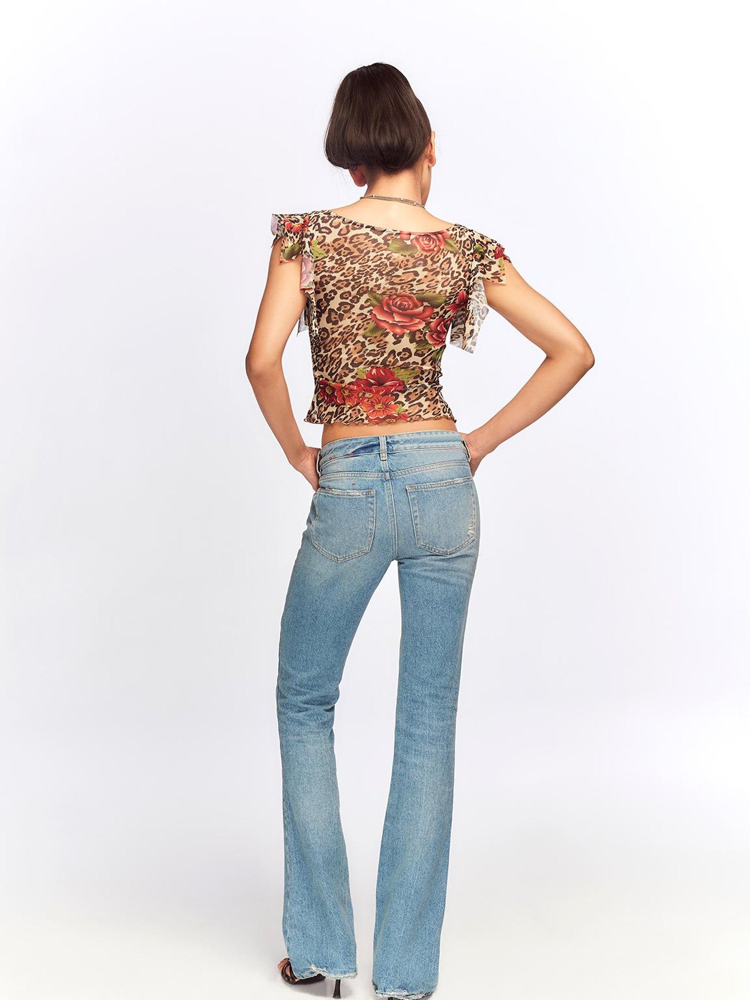 JYOSEI Vintage Floral Leopard Mesh Top