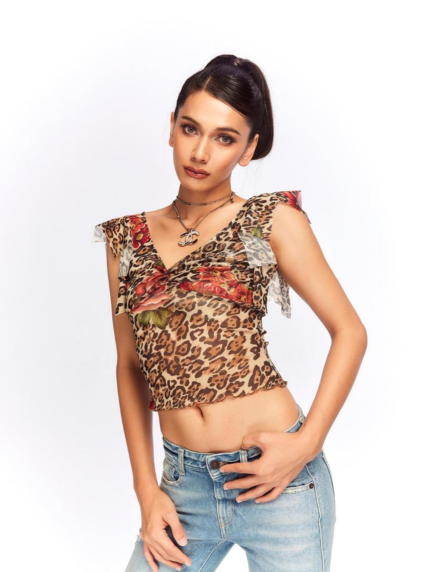 JYOSEI Vintage Floral Leopard Mesh Top