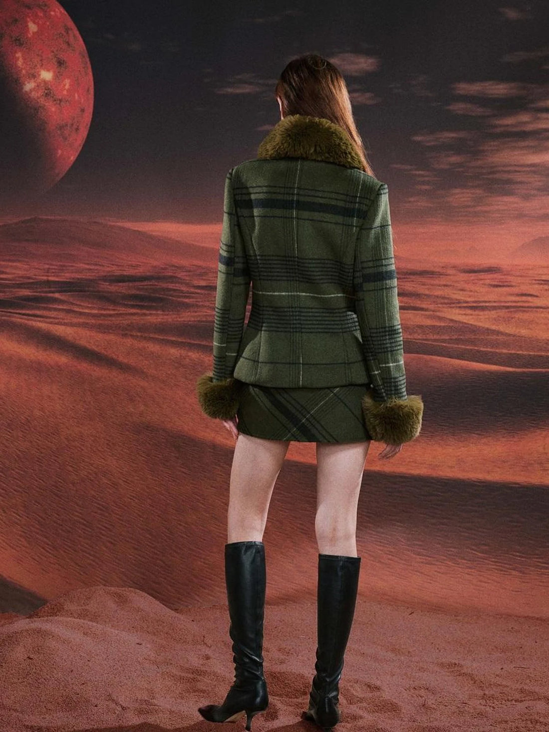 Vintage Green Plaid Wool Blend Suit Set With Fur Trim