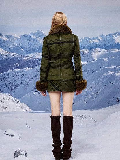 Vintage Green Plaid Wool Blend Suit Set With Fur Trim