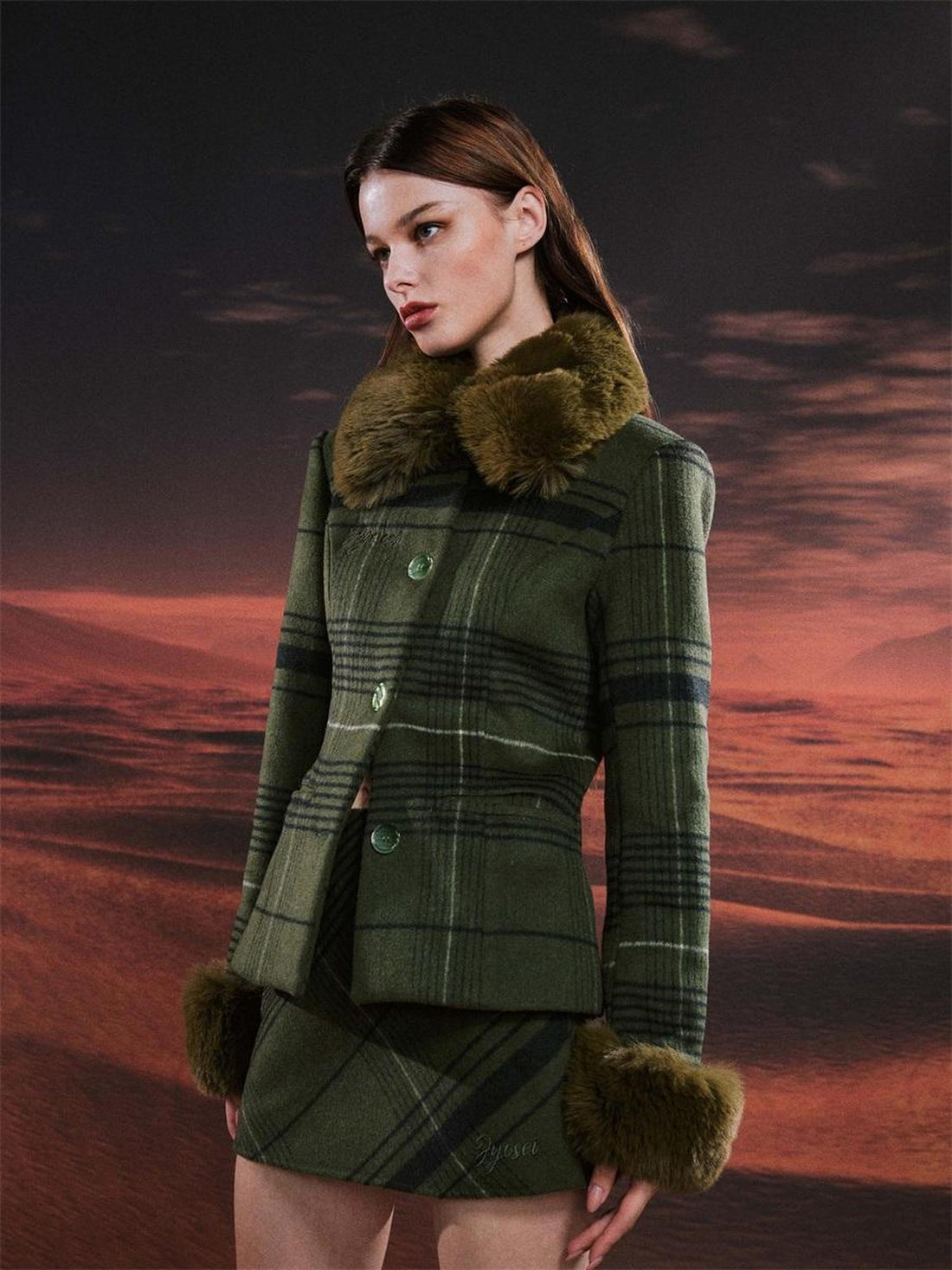 JYOSEI Vintage Green Plaid Wool Blend Suit Set With Fur Trim