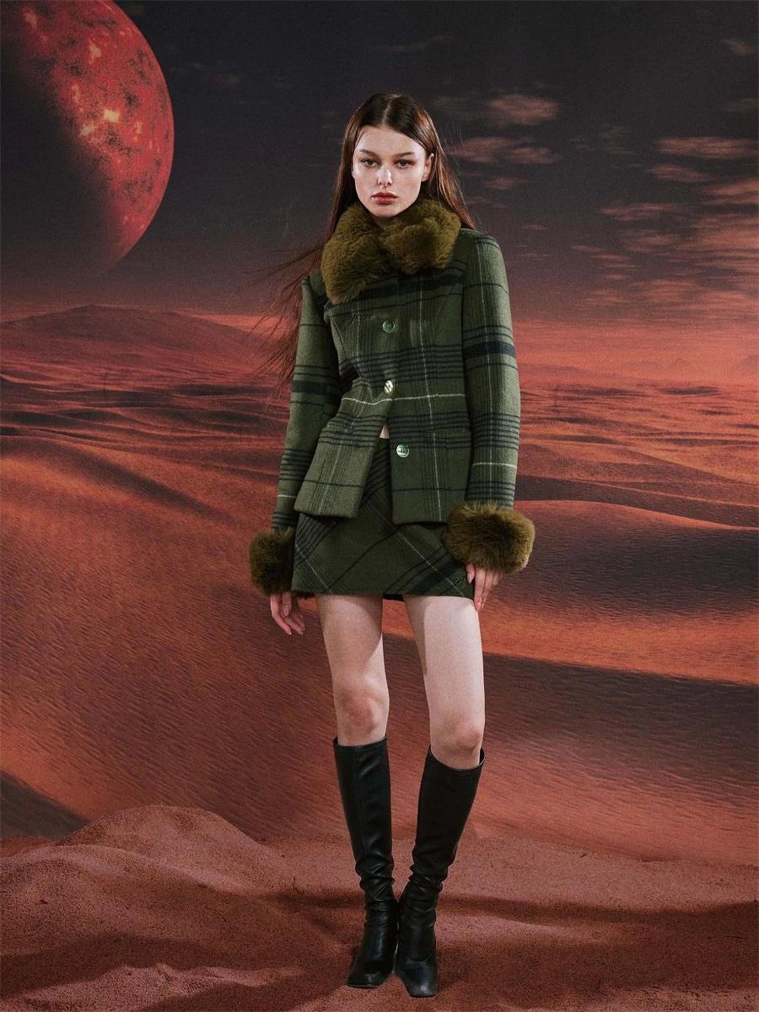 Vintage Green Plaid Wool Blend Suit Set With Fur Trim