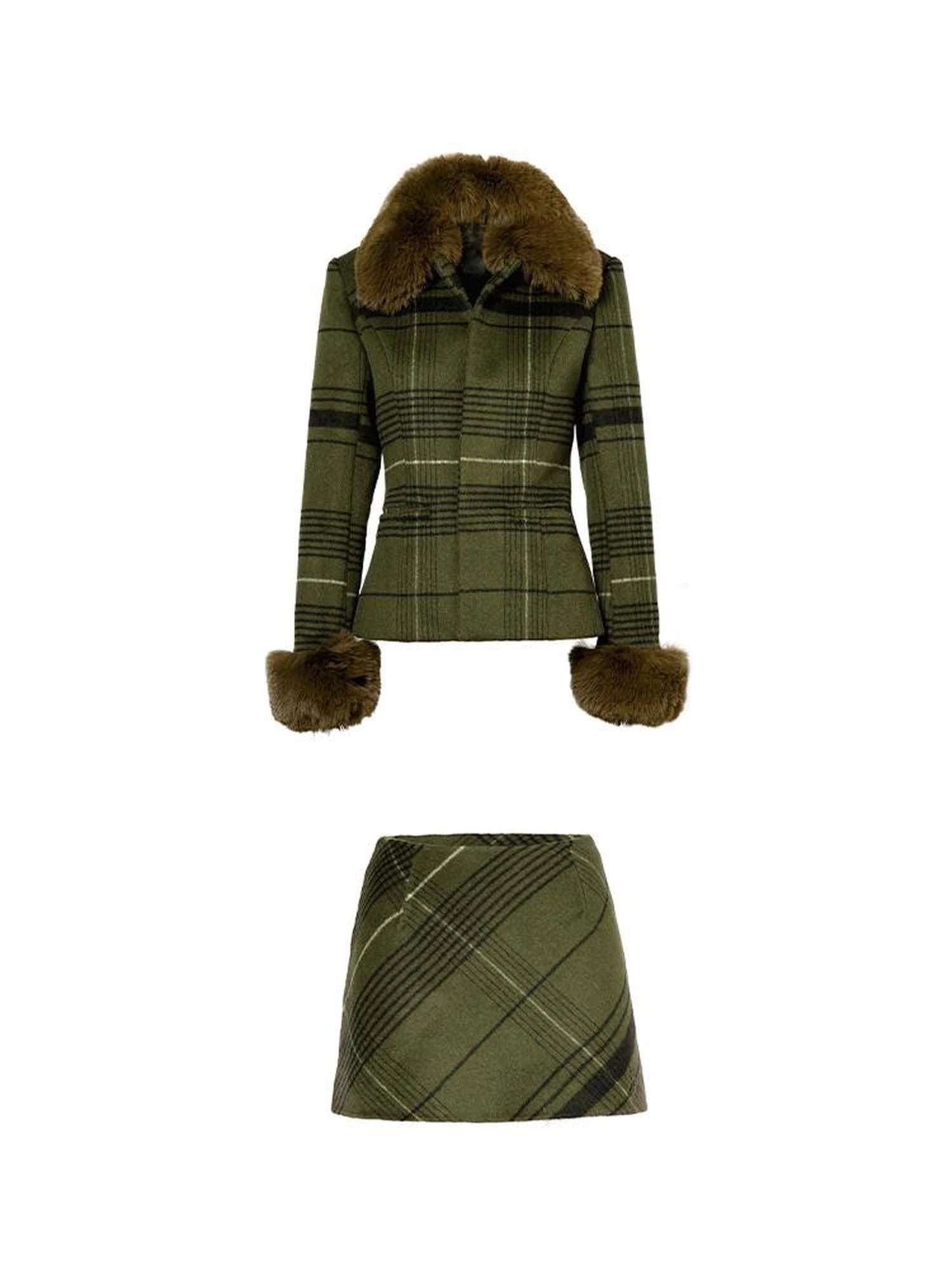 Vintage Green Plaid Wool Blend Suit Set With Fur Trim