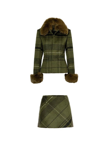 Vintage Green Plaid Wool Blend Suit Set With Fur Trim