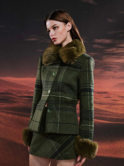 Vintage Green Plaid Wool Blend Suit Set With Fur Trim