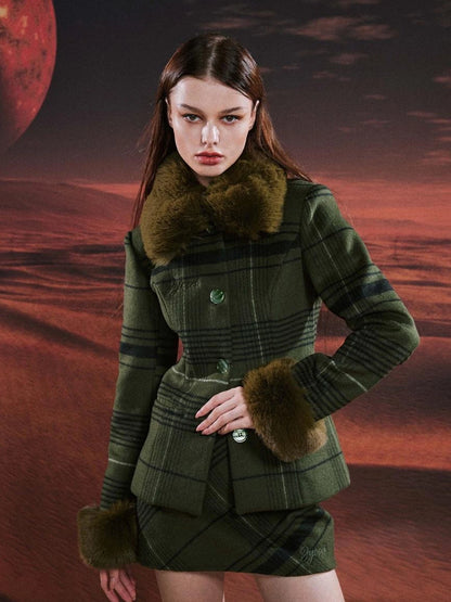 Vintage Green Plaid Wool Blend Suit Set With Fur Trim