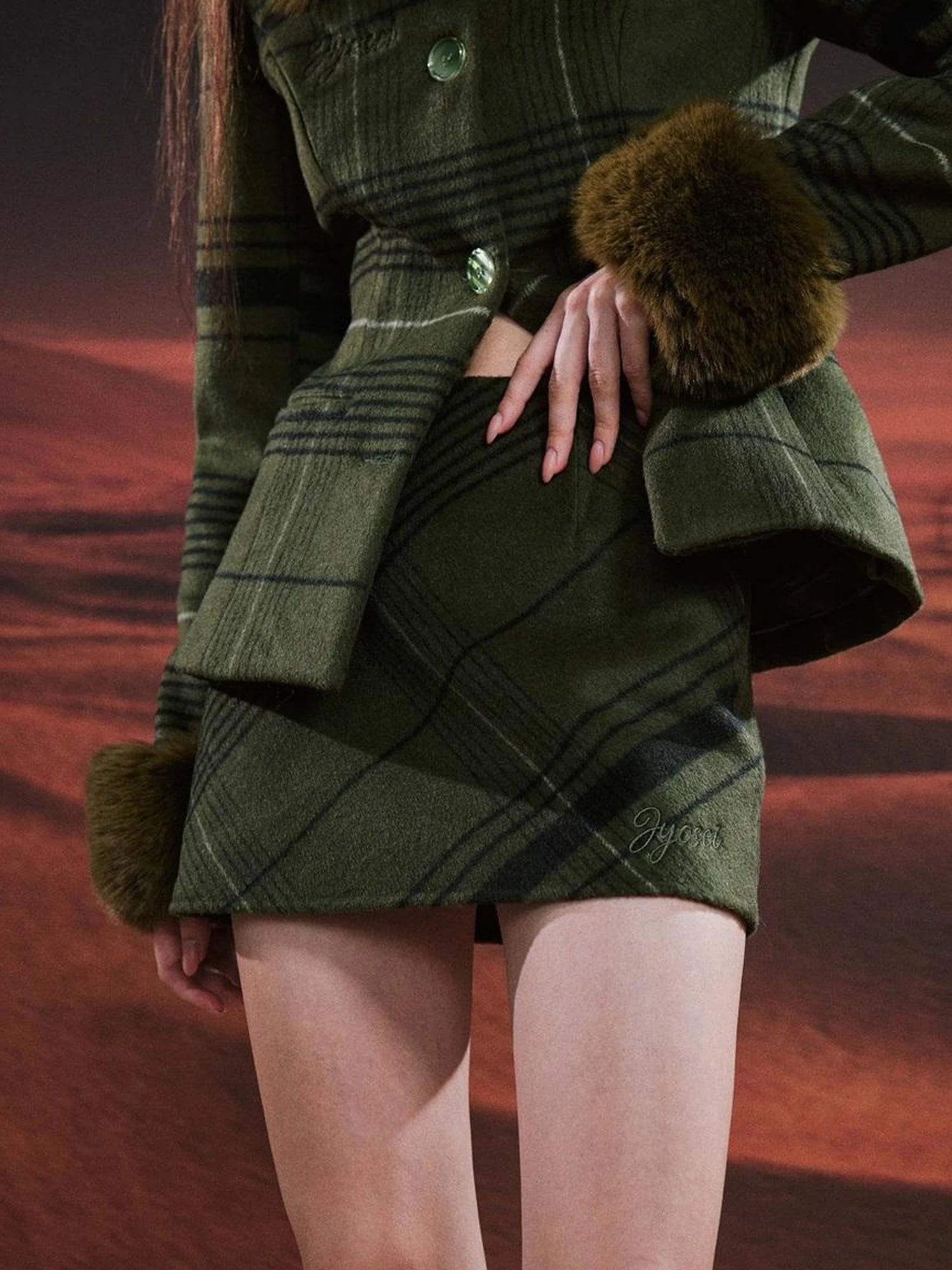 Vintage Green Plaid Wool Blend Suit Set With Fur Trim