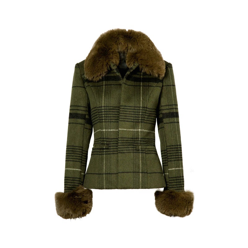 JYOSEI_Vintage_Green_Plaid_Wool_Blend_Suit_Set_With_Fur_Trim_MISSTT