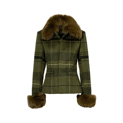 JYOSEI_Vintage_Green_Plaid_Wool_Blend_Suit_Set_With_Fur_Trim_MISSTT