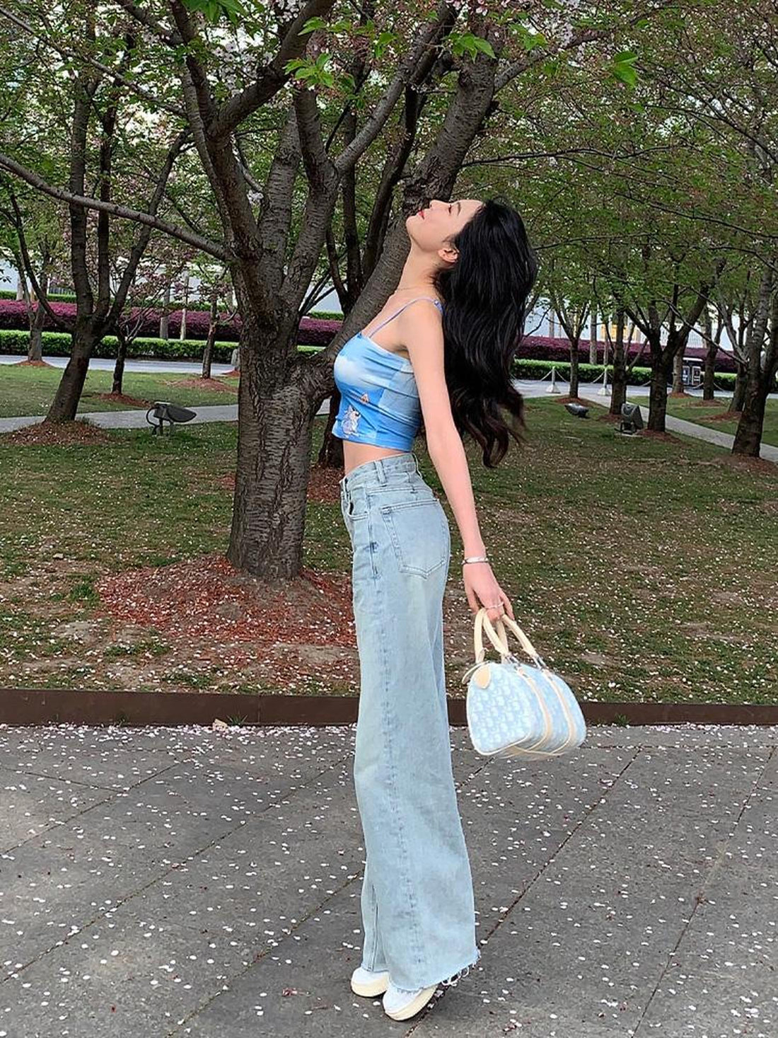 JYOSEI Vintage Light Blue High Waisted Wide Leg Denim Pants