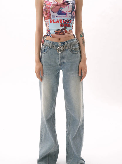 Vintage Light Blue High Waisted Wide Leg Denim Pants