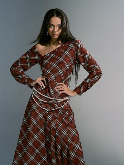 JYOSEI Vintage Plunge Shoulder Red Plaid Dress With Pearl Waist Chain