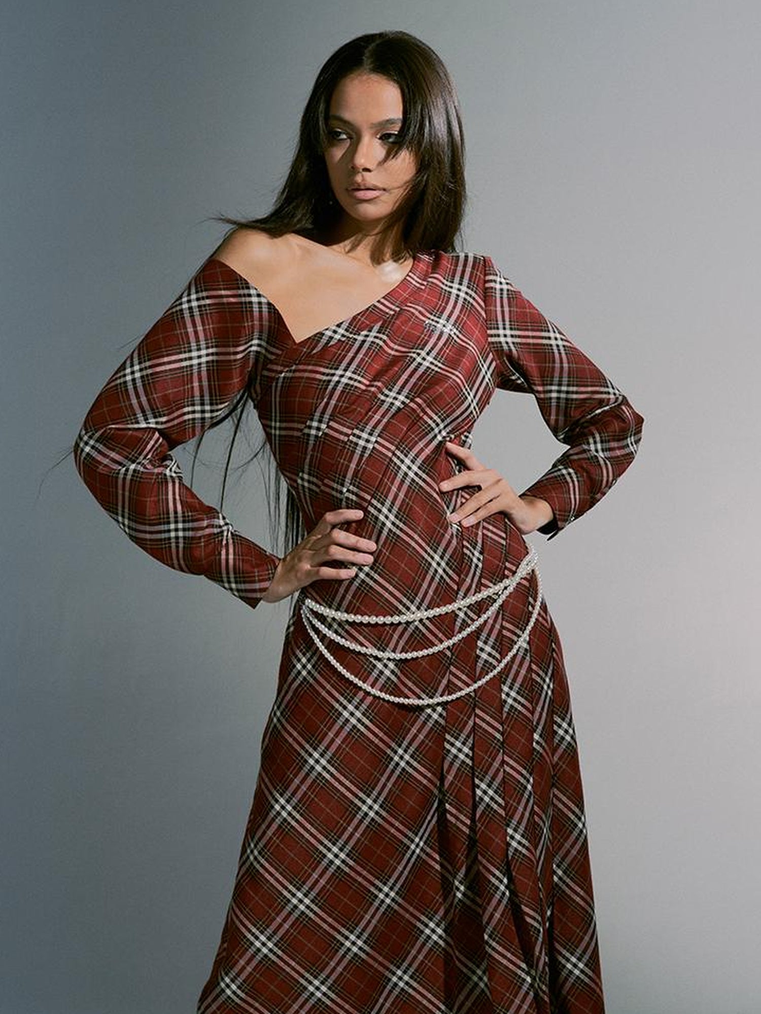 JYOSEI Vintage Plunge Shoulder Red Plaid Dress With Pearl Waist Chain