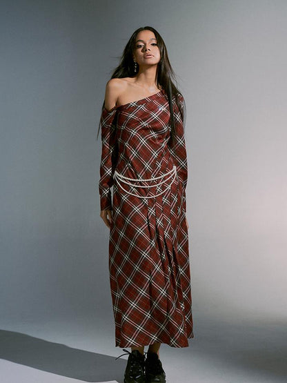 JYOSEI Vintage Plunge Shoulder Red Plaid Dress With Pearl Waist Chain