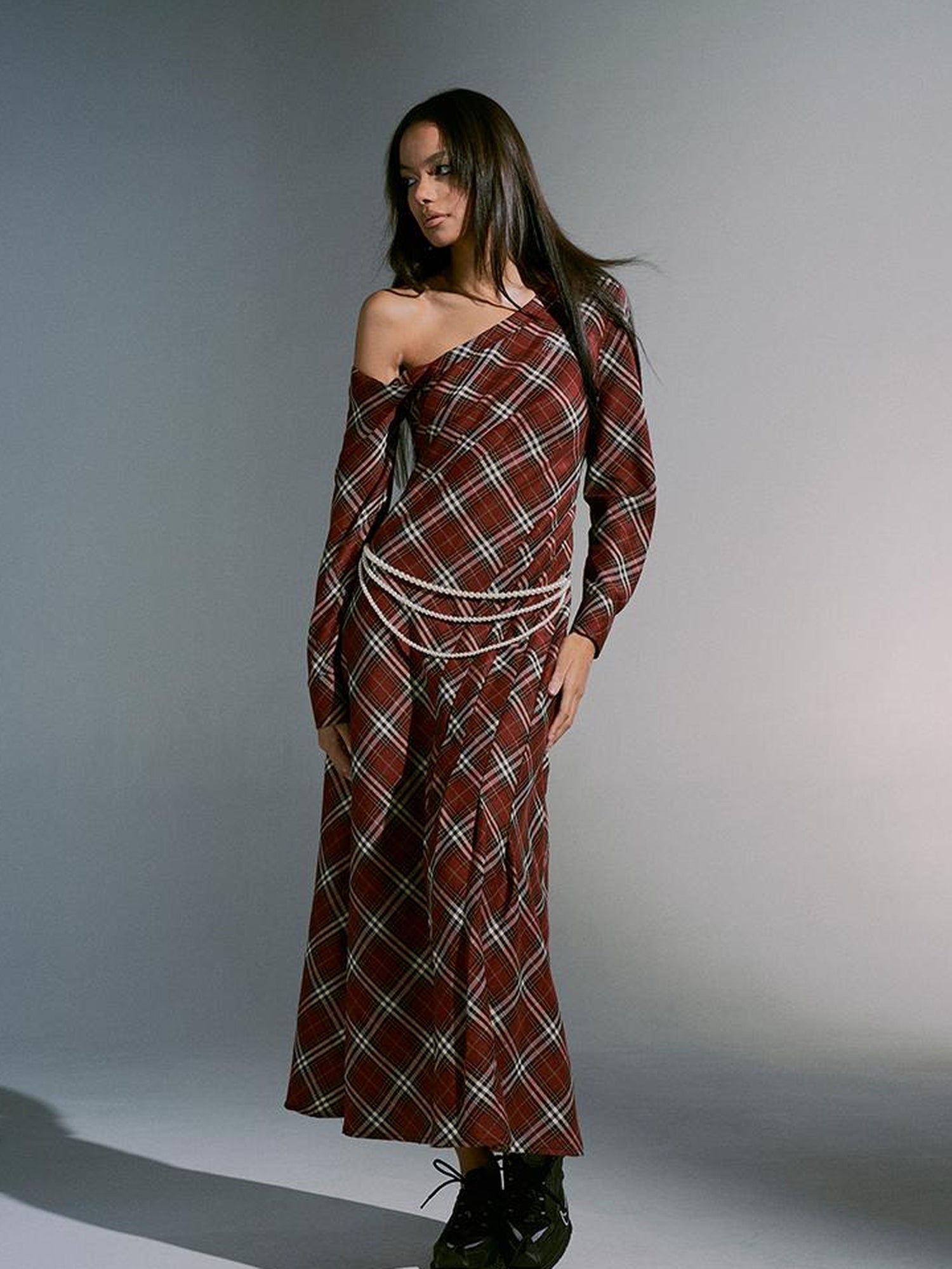 JYOSEI Vintage Plunge Shoulder Red Plaid Dress With Pearl Waist Chain