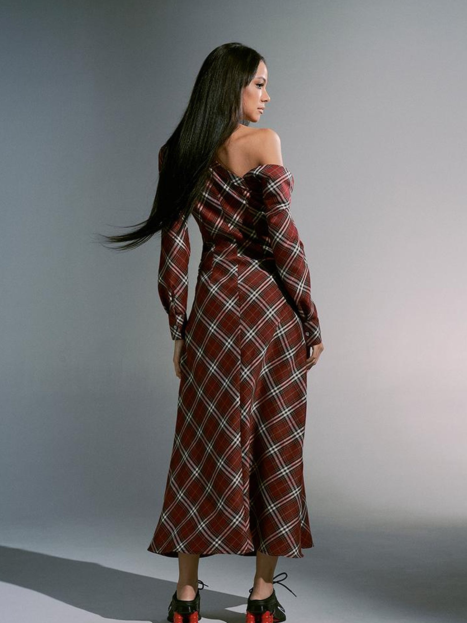 JYOSEI Vintage Plunge Shoulder Red Plaid Dress With Pearl Waist Chain