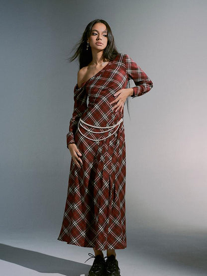 JYOSEI Vintage Plunge Shoulder Red Plaid Dress With Pearl Waist Chain