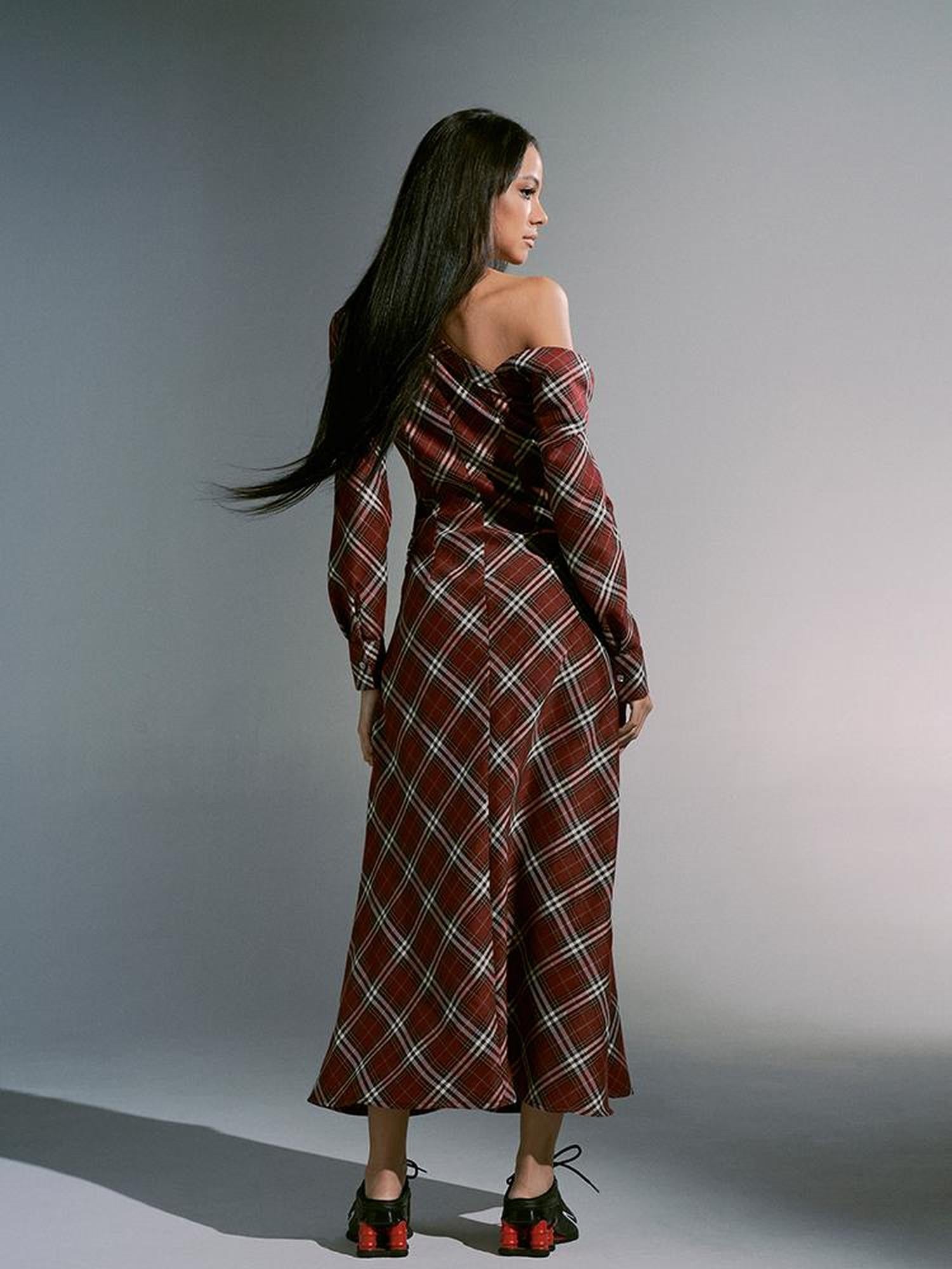 JYOSEI Vintage Plunge Shoulder Red Plaid Dress With Pearl Waist Chain