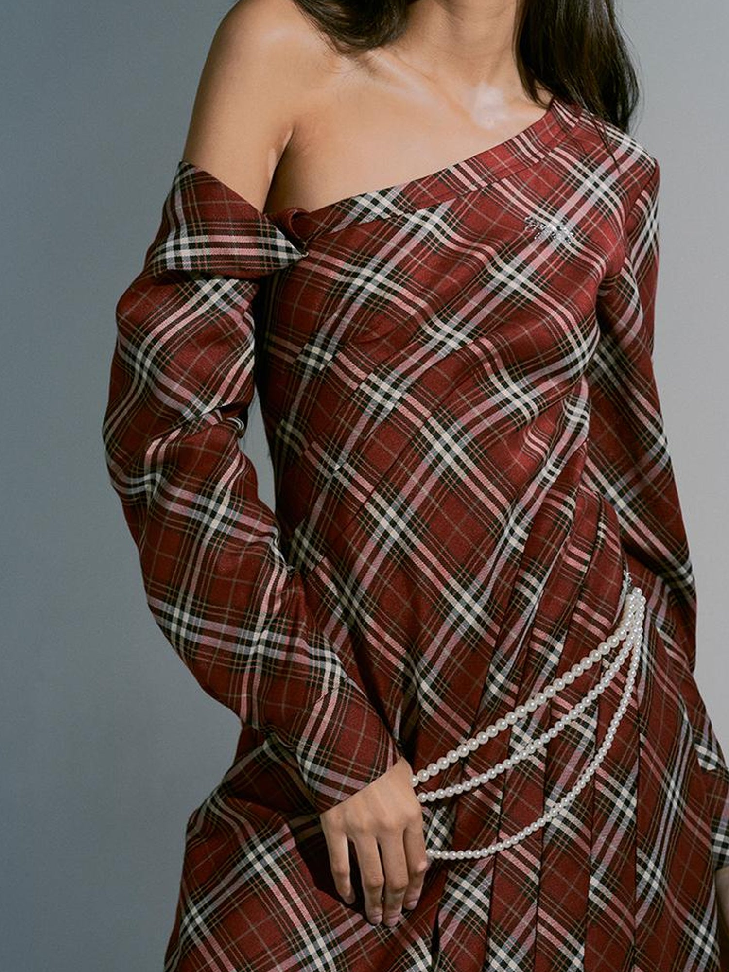 JYOSEI Vintage Plunge Shoulder Red Plaid Dress With Pearl Waist Chain