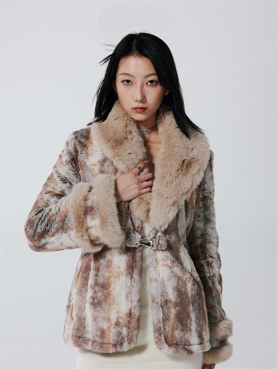 JYOSEI Vintage Rabbit Fur Collar Short Coat Women Winter
