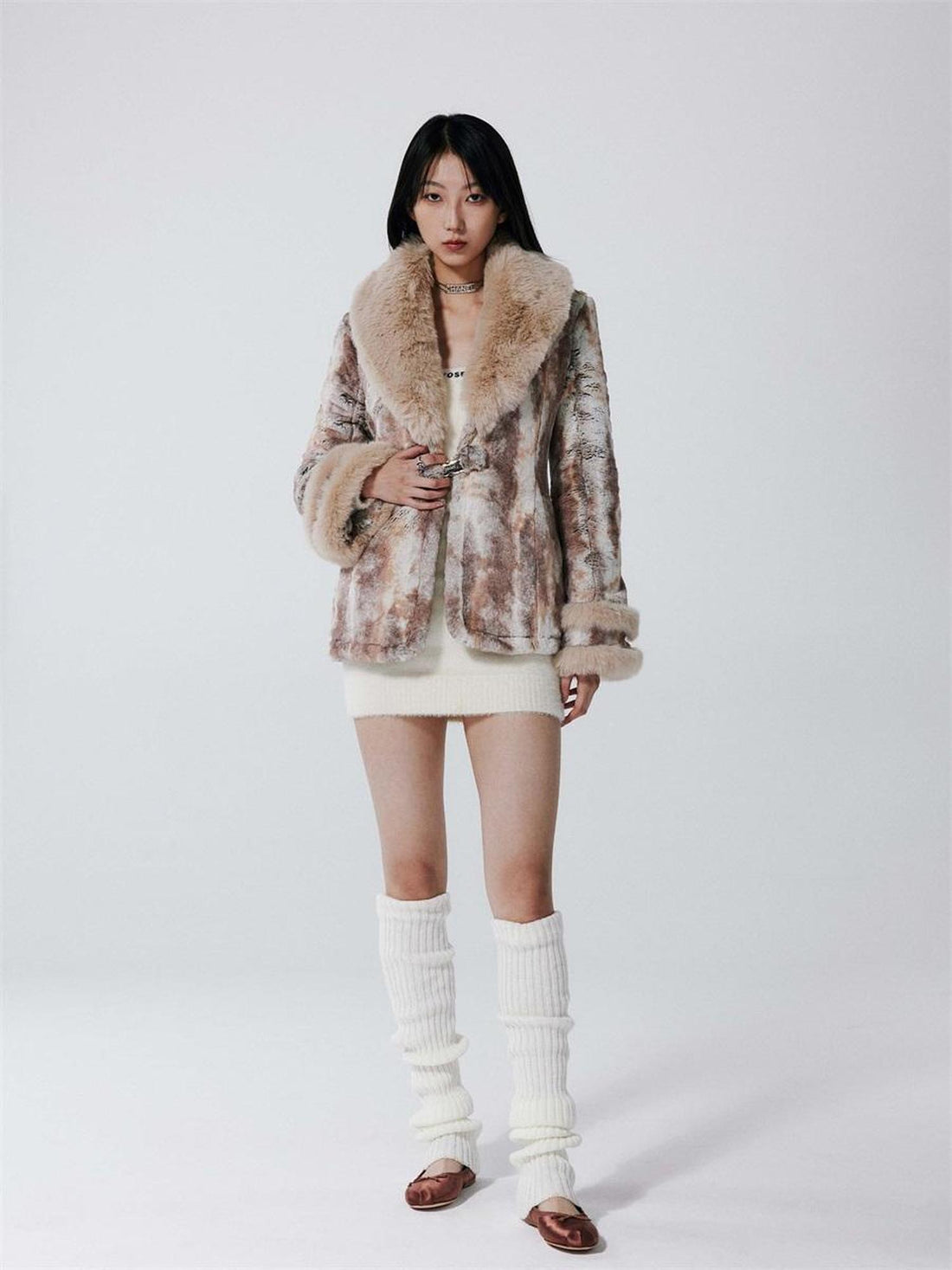 JYOSEI Vintage Rabbit Fur Collar Short Coat Women Winter