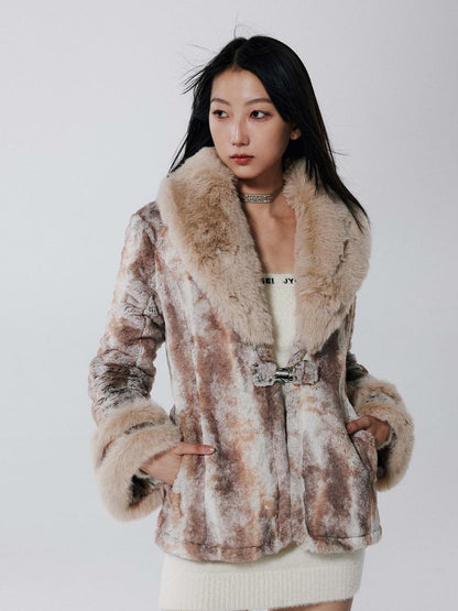 JYOSEI Vintage Rabbit Fur Collar Short Coat Women Winter