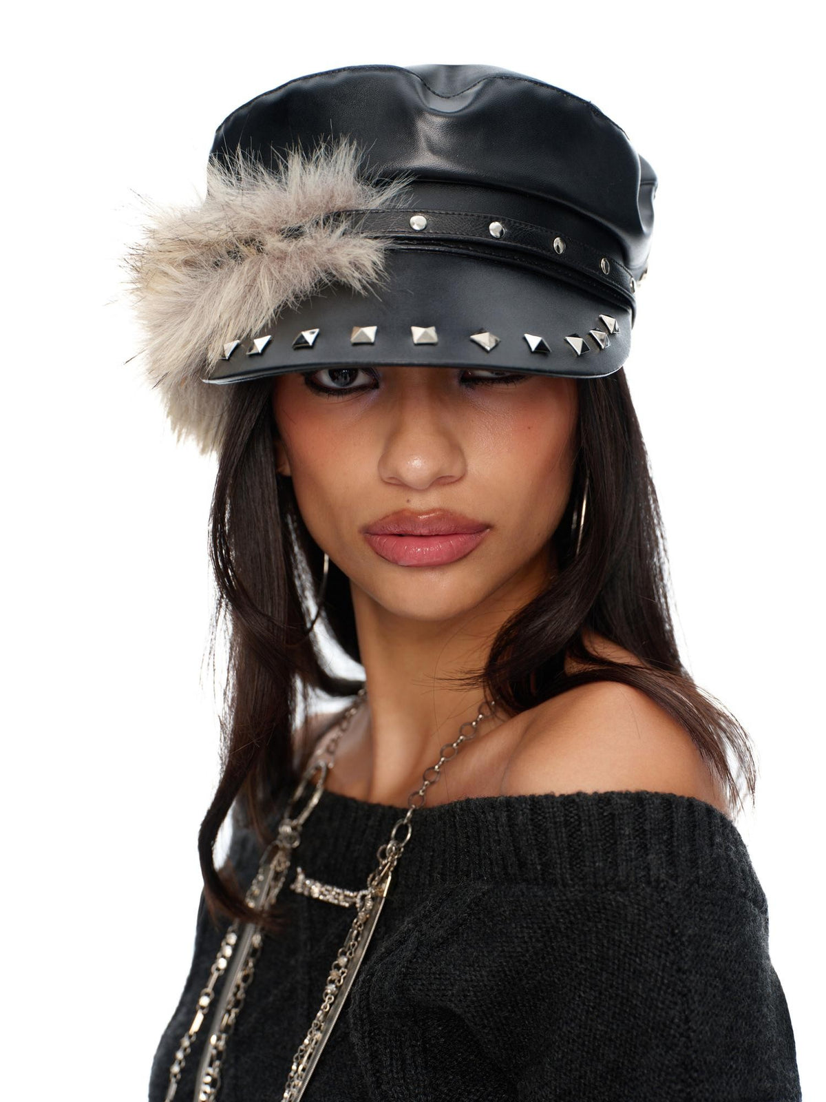 JYOSEI Vintage Studded Punk Flat Top Short Brim Women&