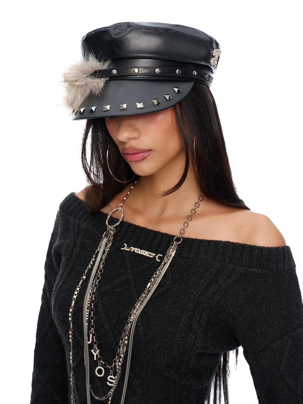 JYOSEI Vintage Studded Punk Flat Top Short Brim Women&