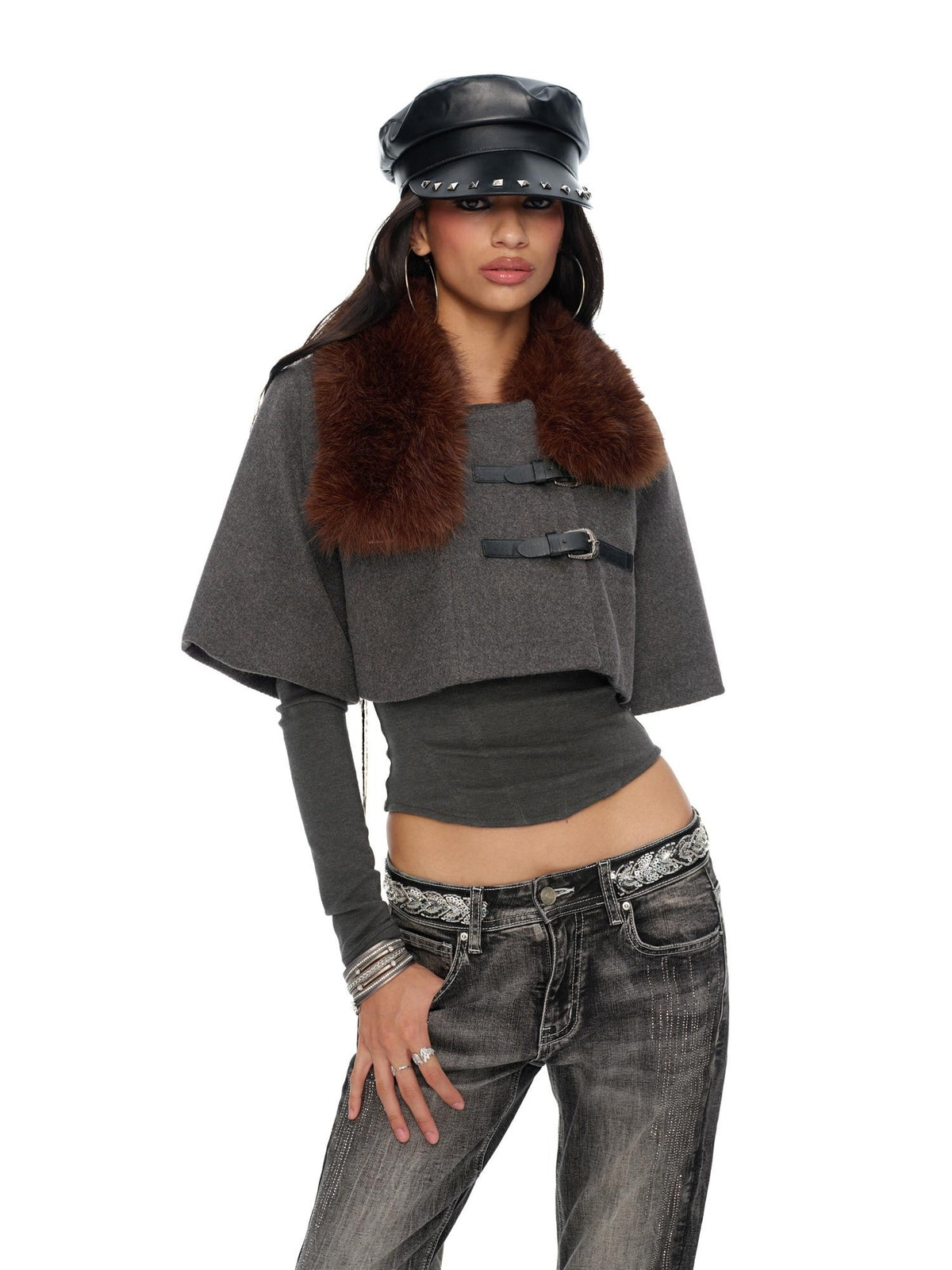JYOSEI Vintage Studded Punk Flat Top Short Brim Women&