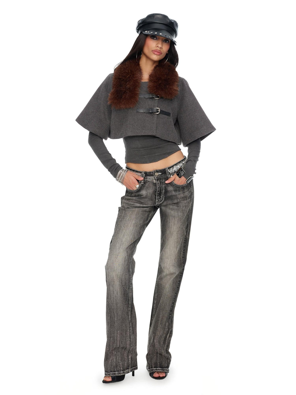 JYOSEI Vintage Studded Punk Flat Top Short Brim Women&