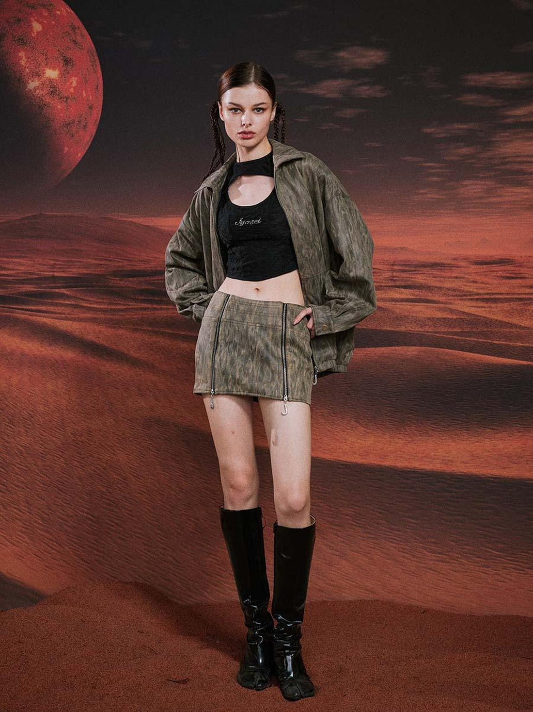 JYOSEI Vintage Suede Look Oversized Jacket And Bodycon Skirt Set