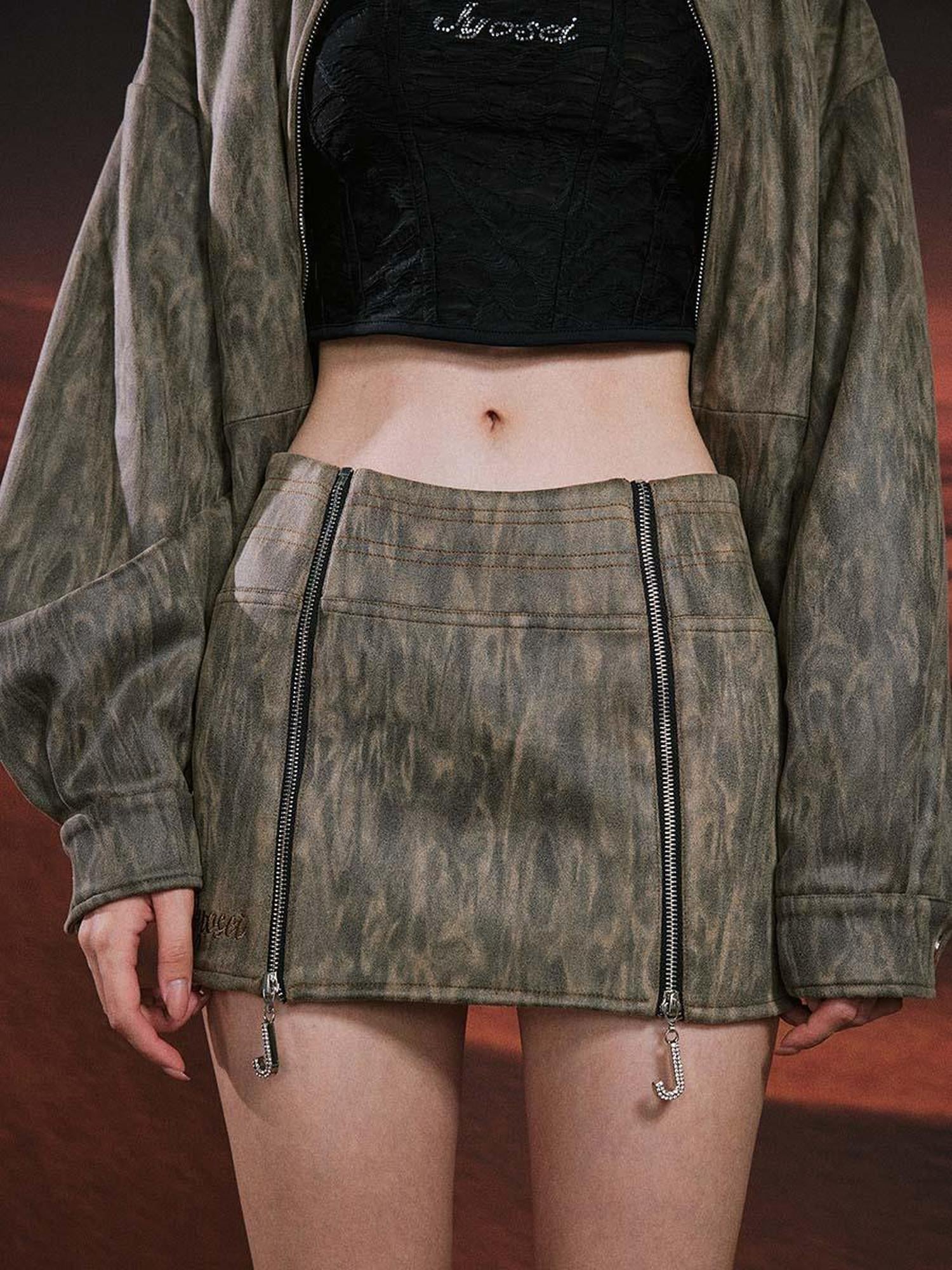 JYOSEI Vintage Suede Look Oversized Jacket And Bodycon Skirt Set