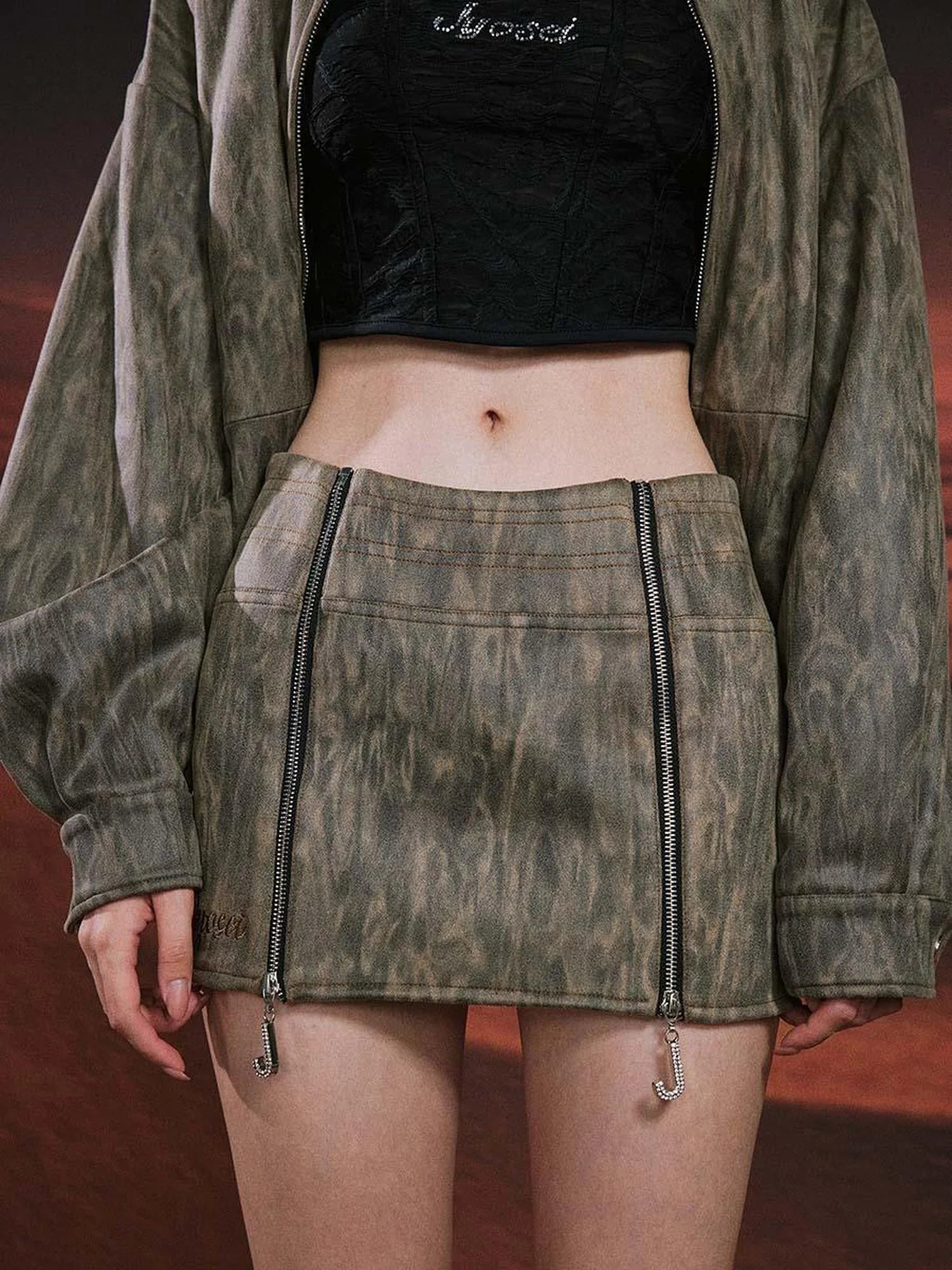 Vintage Suede Look Oversized Jacket And Bodycon Skirt Set