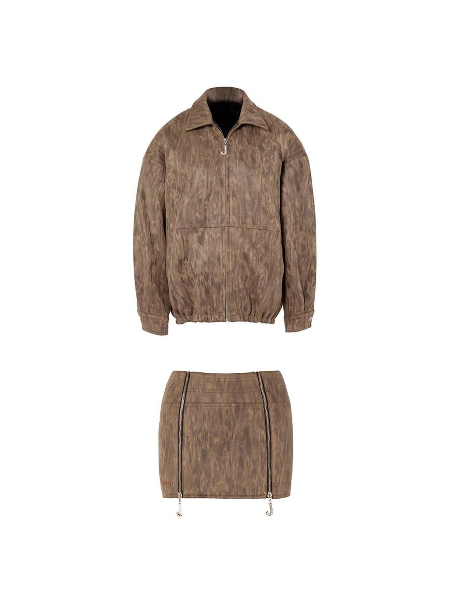 JYOSEI Vintage Suede Look Oversized Jacket And Bodycon Skirt Set